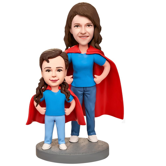 Super Mother and Daughter Custom Bobblehead with Engraved Text