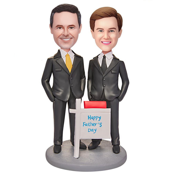 Father and Son in Suits Custom Bobblehead with Engraved Text