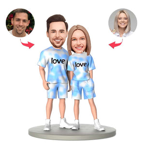 Blue and White Gradient Couple Outfit Custom Bobblehead with Engraved Text