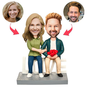 Sitting Couple with Love Valentine's Day Gift Custom Bobblehead with Engraved Text
