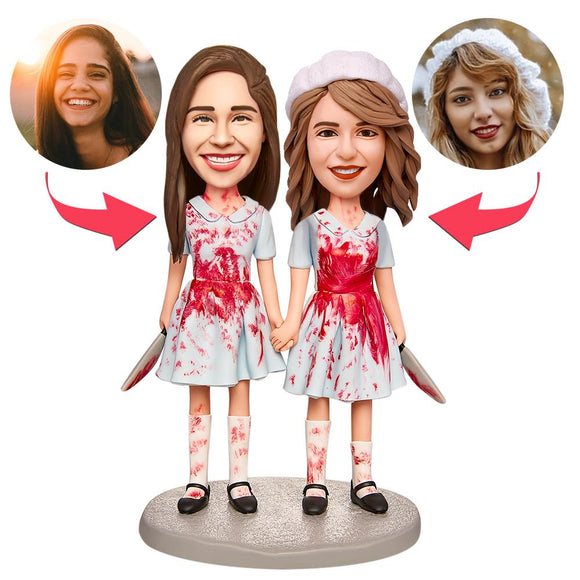 Halloween Twins Holding Hands Custom Bobblehead with Engraved Text