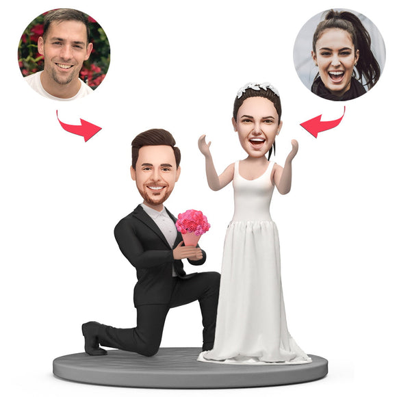 Proposing Couple Holding Flowers Custom Bobblehead with Engraved Text
