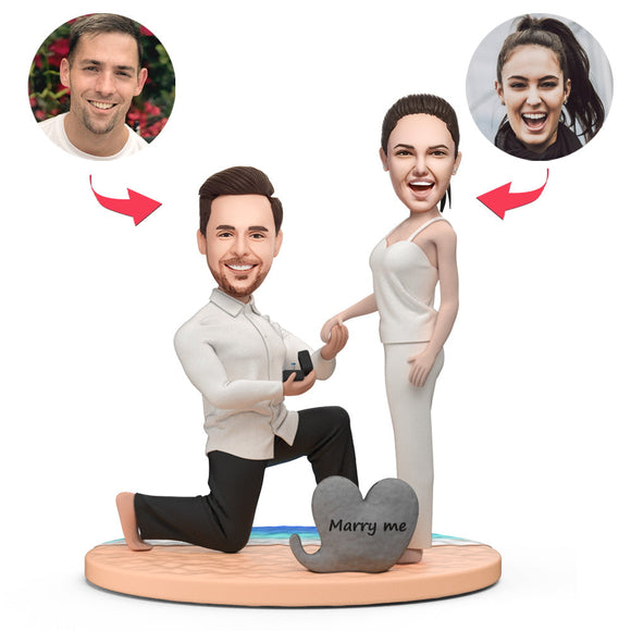 Proposing Couple On The Beach Custom Bobblehead with Engraved Text