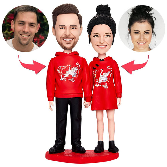 Valentines Gift Couple in Red Custom Bobblehead with Engraved Text