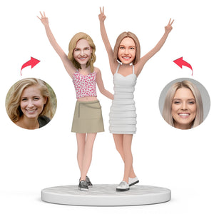 Sisters Cheering Up Custom Bobblehead With Engraved Text - 
