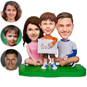 Family of Three Sitting Custom Bobblehead With Engraved Text