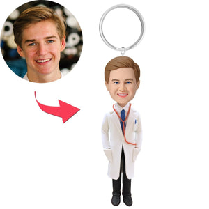 Doctor With Lab Coat Custom Bobblehead With Engraved Text Key Chain