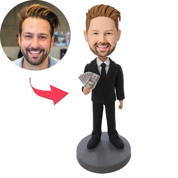Male Executive In Black Suit Holding Money Custom Bobblehead With Engraved Text