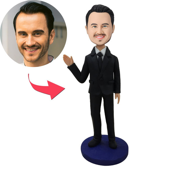 Male Executive In Black Suit Waving His Hand Custom Bobblehead With Engraved Text