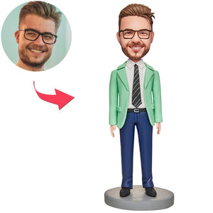 Green Clothes Business Man Custom Bobbleheads With Engraved Text