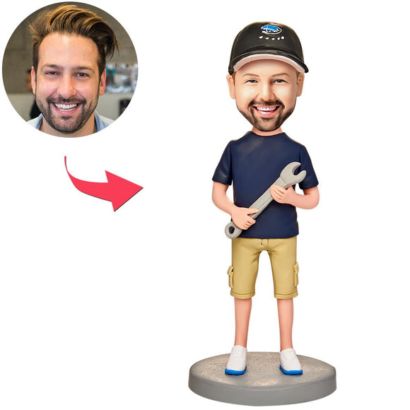 Man Holding Wrench Custom Bobbleheads With Engraved Text