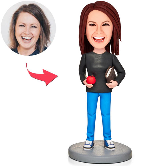 Female Teacher Holding Apple And Book Custom Bobbleheads With Engraved Text