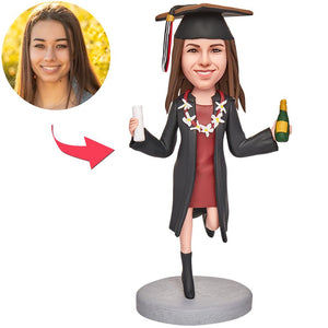 Graduation Girl Holding Bear And Certificate Custom Bobbleheads With Engraved Text