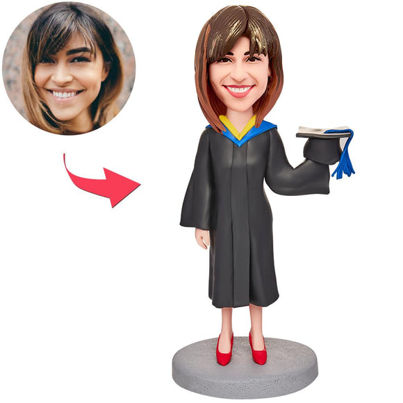 Graduation Girl Holding Graduation Gown Hat Custom Bobbleheads With Engraved Text