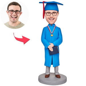 Graduation Boy Wearing Blue Graduation Gown Custom Bobbleheads With Engraved Text