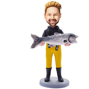 Custom Bobblehead Holding Fish Man With Engraved Text