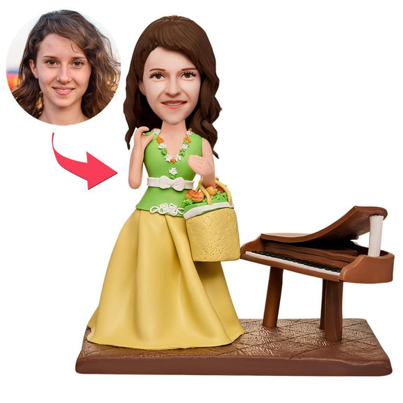 Female Pianist Standing by Piano Custom Bobbleheads With Engraved Text