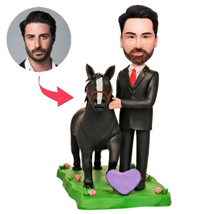 Male Standing beside Horse Custom Bobbleheads With Engraved Text