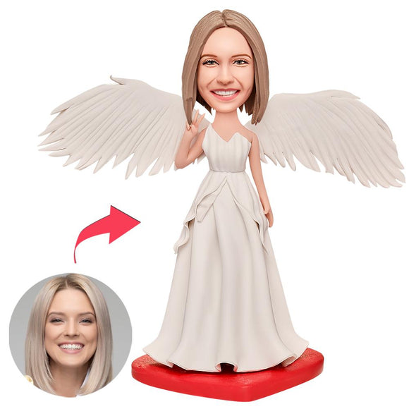Female White Dressing with Wings Custom Bobbleheads With Engraved Text