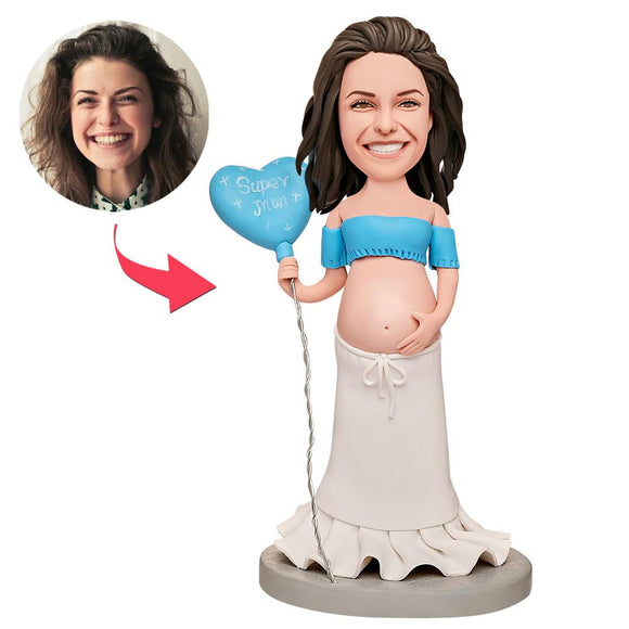 Pregnant Super Mom Holding Balloon Custom Bobbleheads With Engraved Text