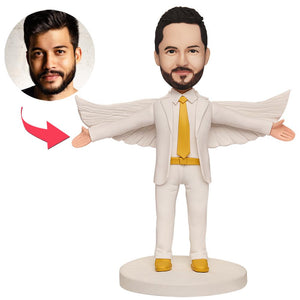 Male White Suit with Wings Custom Bobbleheads With Engraved Text