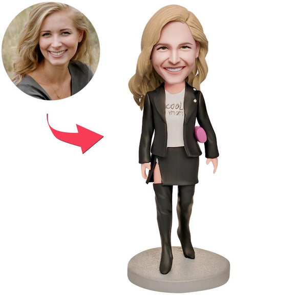 Mother's Day Gift Super Cool Mom in Black Suit   Custom Bobblehead with Engraved Text