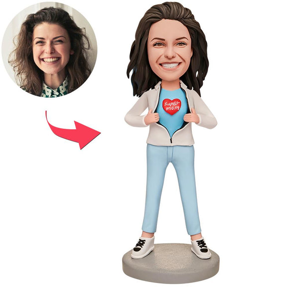 Mother's Day Gift Super Mom in White Coat Custom Bobblehead with Engraved Text