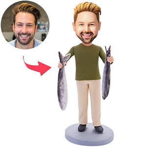 Custom Bobblehead Man Carrying Two Small Fish With Engraved Text