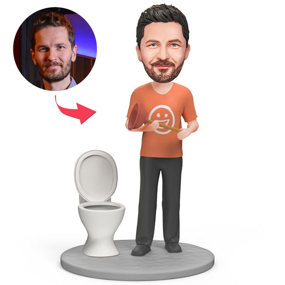 Man Cleans the Toilet Custom Bobblehead Engraving with Text