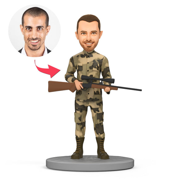 Wearing Camouflage Clothing with Gun Custom Bobblehead Engraved with Text