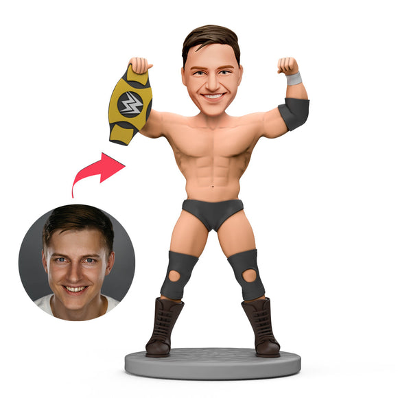 Champion Wrestler with Gold Belt Custom Bobblehead Engraved with Text