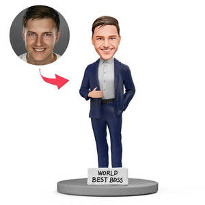 Blue Suit WORLD BEST BOSS Custom Bobblehead with Engraved Text