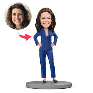 Female Boss Blue Suit Crossed Arms Custom Bobblehead with Engraved Text