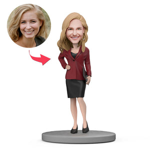 Female Boss with Red Suit and Short Skirt Custom Bobblehead with Engraved Text
