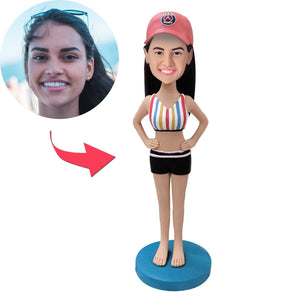 Woman In Stylish Bathing Suit Custom Bobblehead With Engraved Text