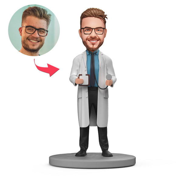 Male Doctor with Stethoscope and Medical Record Book Custom Bobblehead With Engraved Text