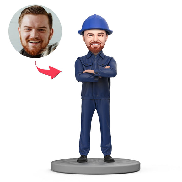 Mechanical Engineer in Blue Overalls Custom Bobblehead With Engraved Text