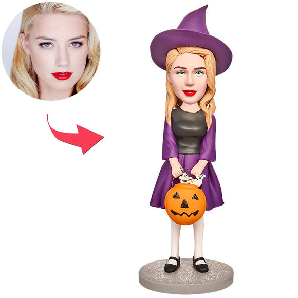 Halloween Gift Little Witch with Jack-O-Lantern Custom Bobblehead with Engraved Text