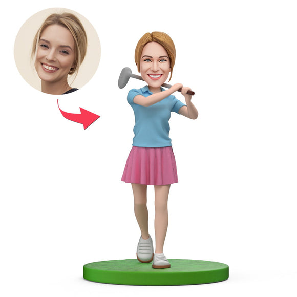 Happy Golfer in Blue Suit Custom Bobblehead With Engraved Text