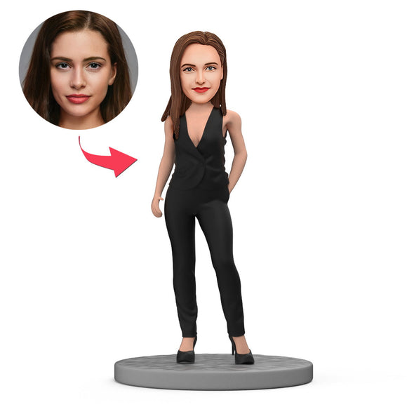 Black One Piece Business Suit for Ladies Custom Bobblehead With Engraved Text