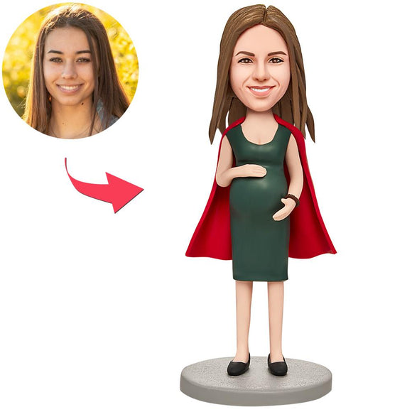 Pregnant New Mom Super Mom in Red Cape Custom Bobblehead With Engraved Text