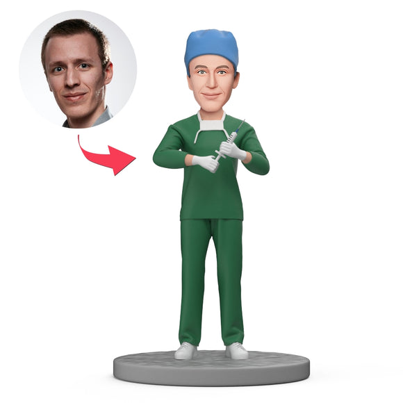 Custom Anaesthesiologist Bobbleheads Holding Syringe With Engraved Text