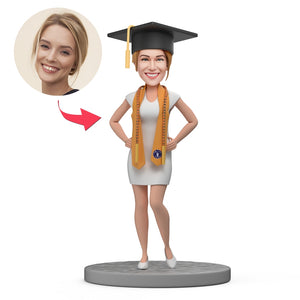 Custom Graduation Bobbleheads - Female Graduate Wearing an Orange(the color can be changed) Graduation Stole