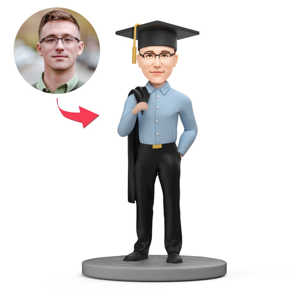 Custom Graduation Bobbleheads - Male Cool Graduate With Bachelor Gown on His Shoulder