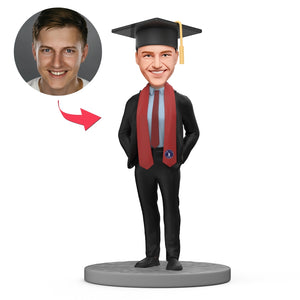 Custom Graduation Bobbleheads - Handsome Male Graduate in A Suit With Red(color can be changed) Graduation Stole