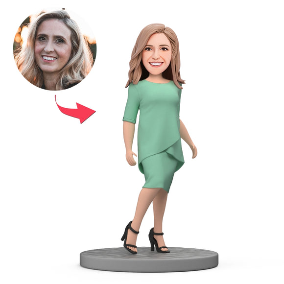 Mother's Day Gift Custom Bobblehead - Fashion Mom in A Green Dress