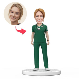Custom Female Doctor Bobblehead in Green Scrubs with Engraved Text National Doctor's Day Gift