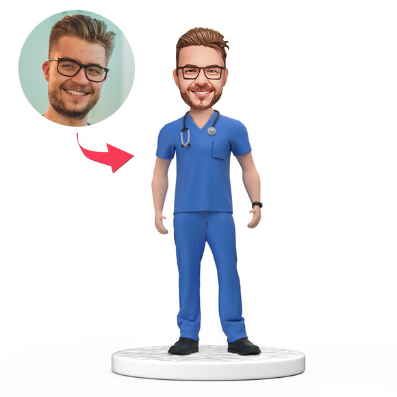 Custom Male Doctor Bobblehead in Blue Scrubs with Engraved Text National Doctor's Day Gift