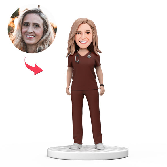Custom Female Doctor Bobblehead in Red Scrubs with Engraved Text National Doctor's Day Gift