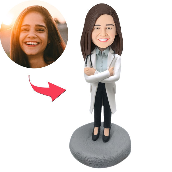Female Doctor in Lab Coat with Stethoscope Custom Bobblehead With Engraved Text